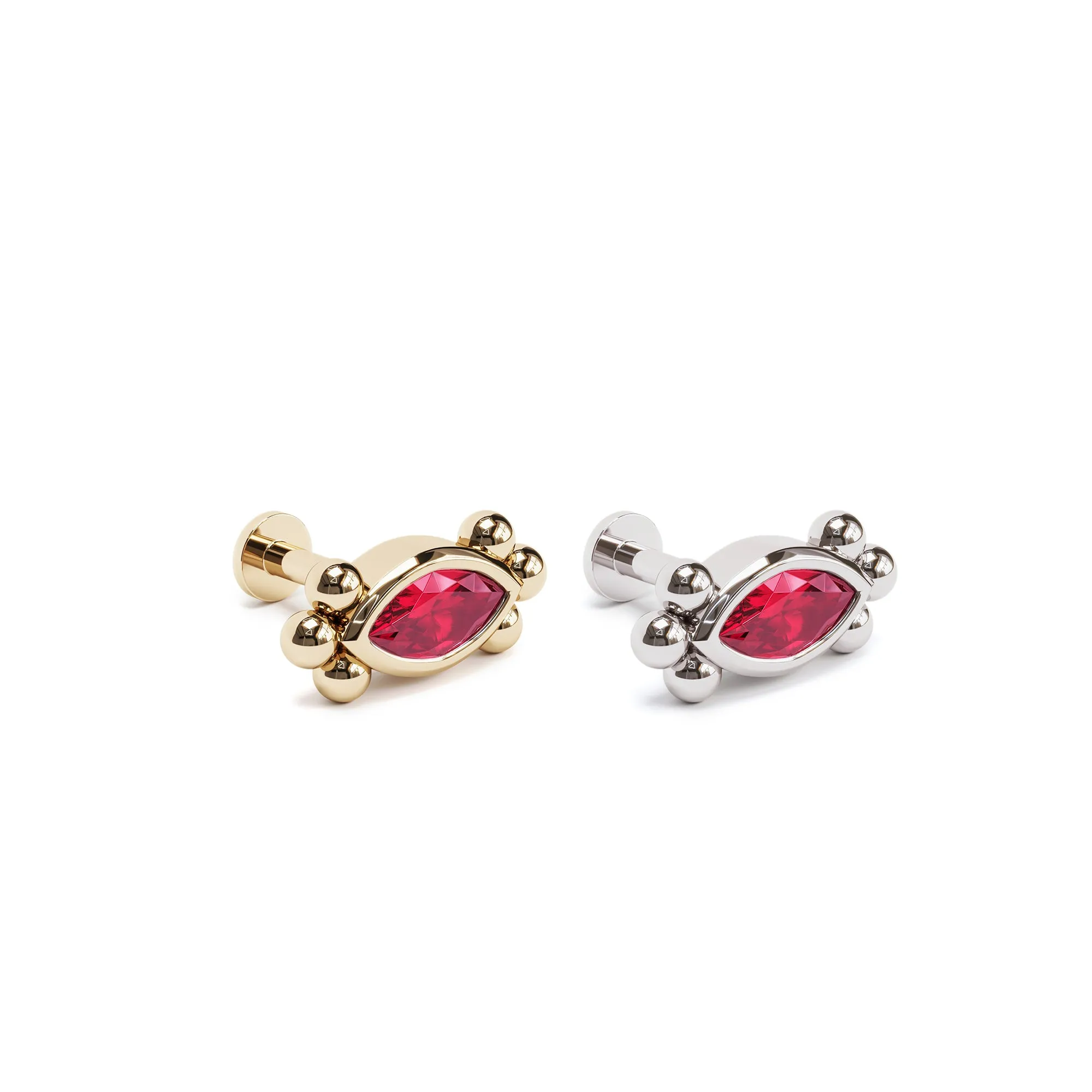 14K Gold Marquise Ruby Beaded Stud