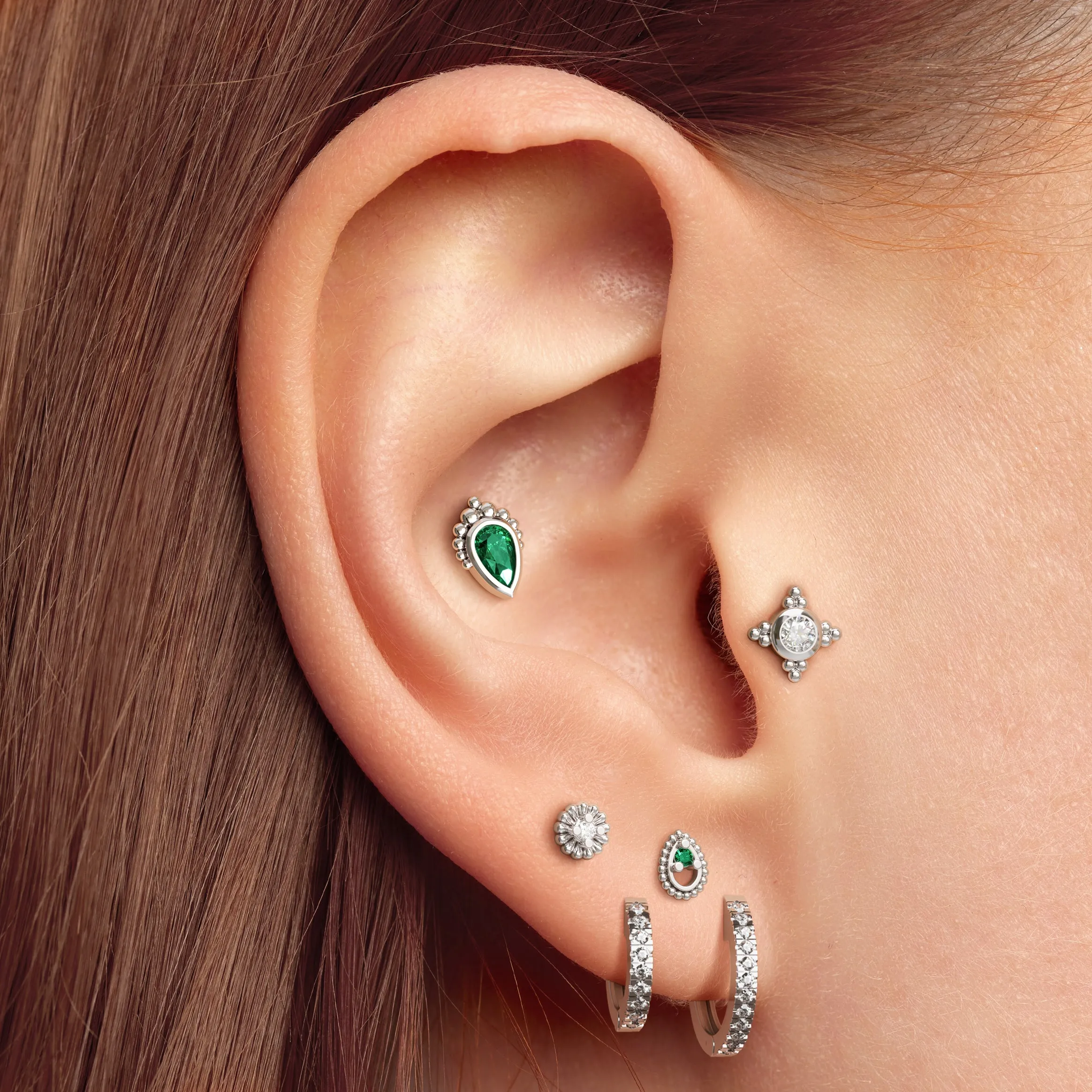 14K Gold Pear-Cut Emerald Beaded Stud