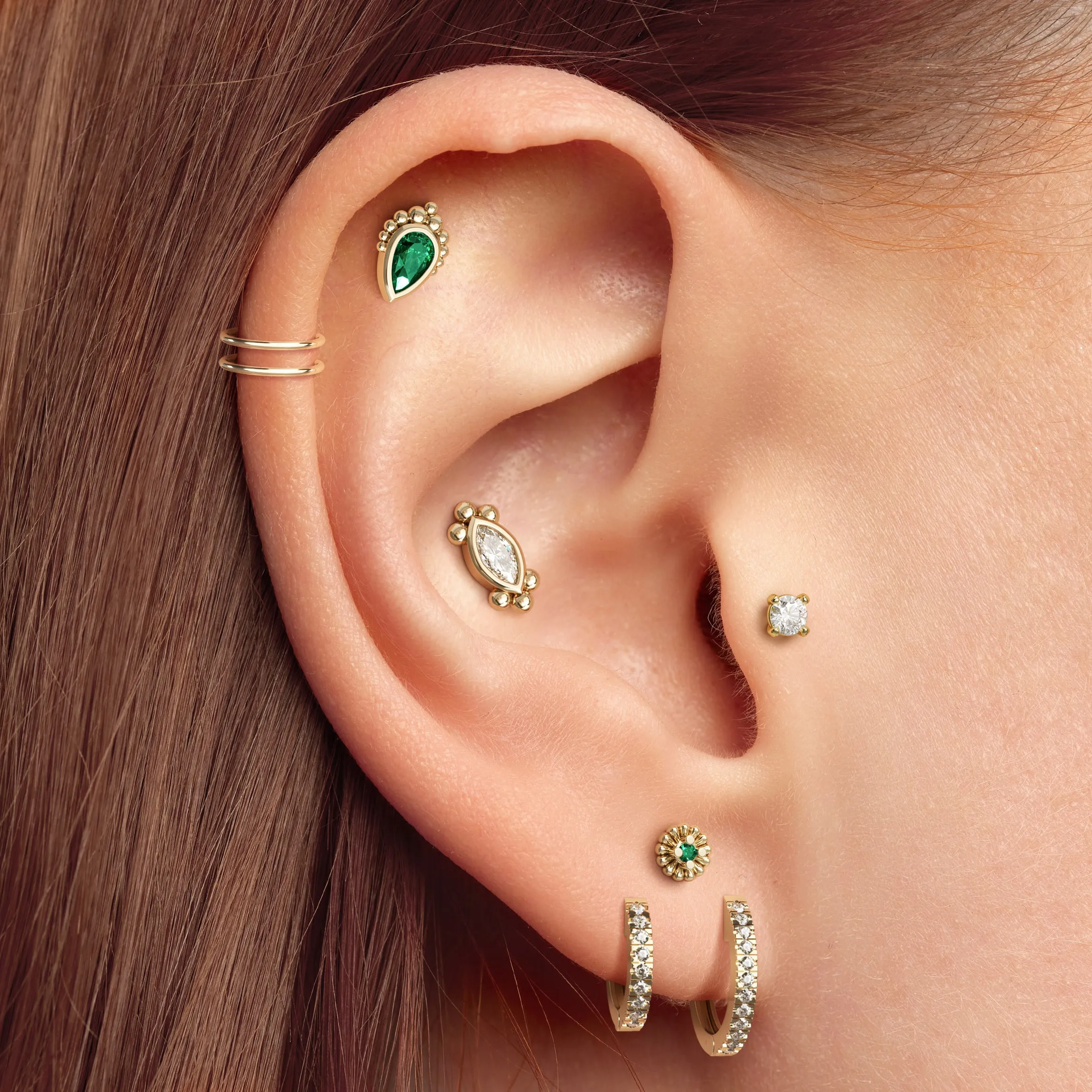 14K Gold Pear-Cut Emerald Beaded Stud