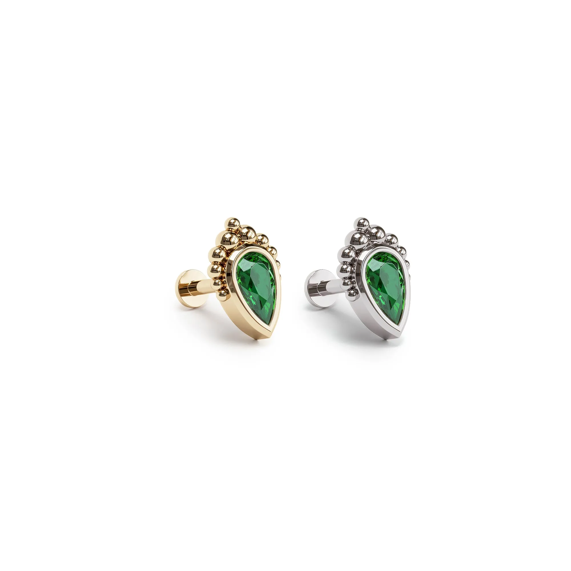 14K Gold Pear-Cut Emerald Beaded Stud