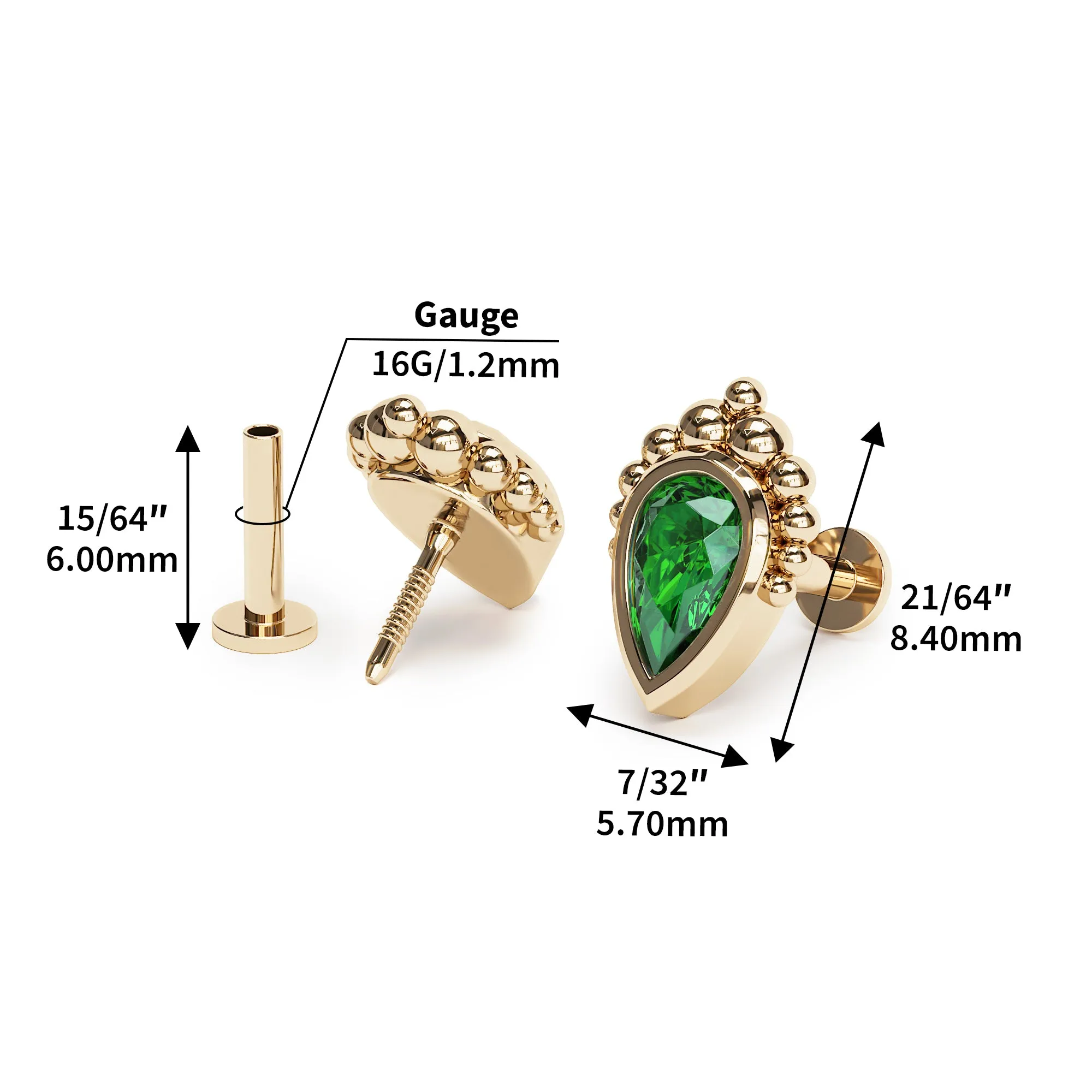 14K Gold Pear-Cut Emerald Beaded Stud