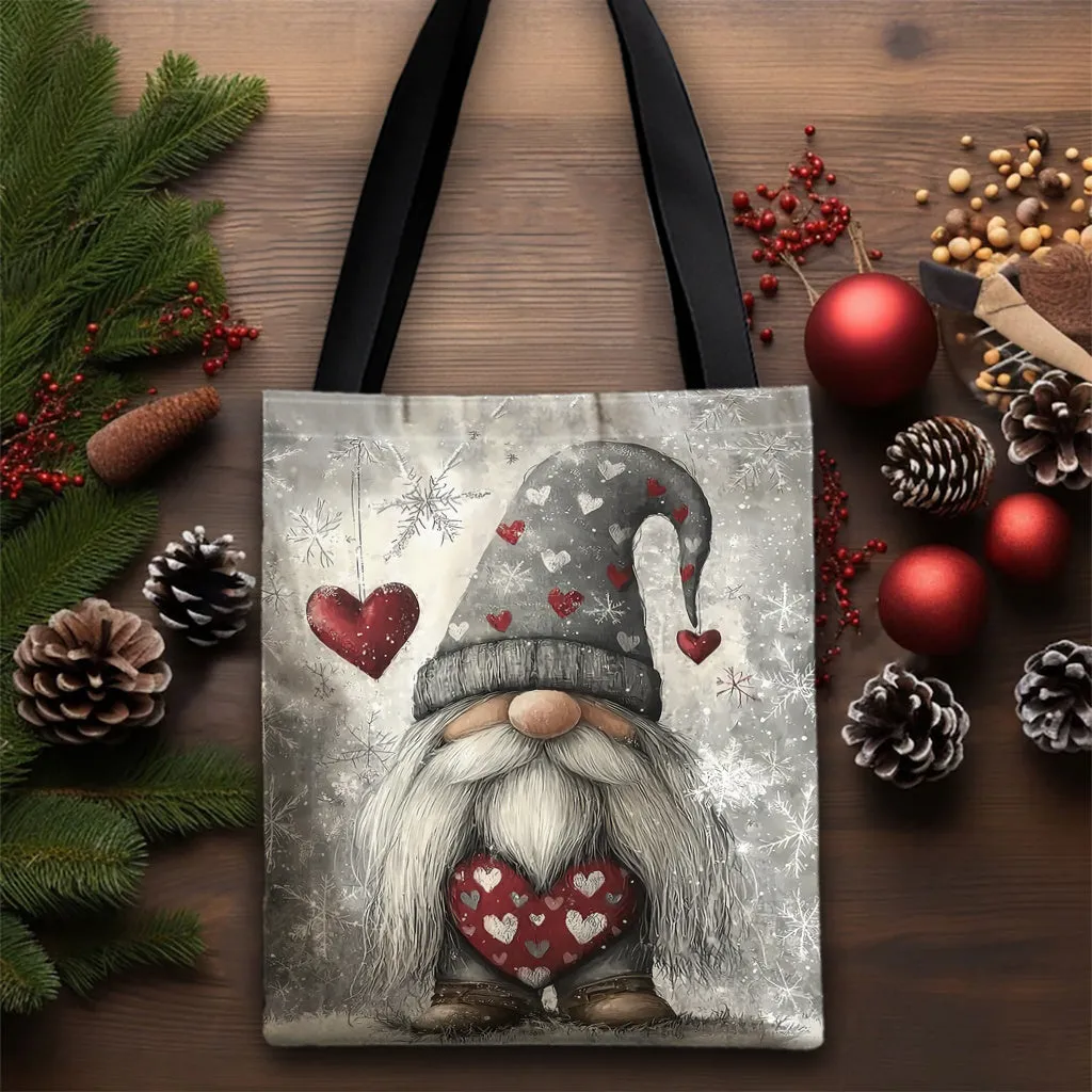 1pc Elegant Christmas Gnome Love Pattern Polyester Tote Bag, Unisex High-Quality Canvas Shoulder Bag with Fixed Straps, Ideal for Shopping & Holiday Gifts, Machine Washable