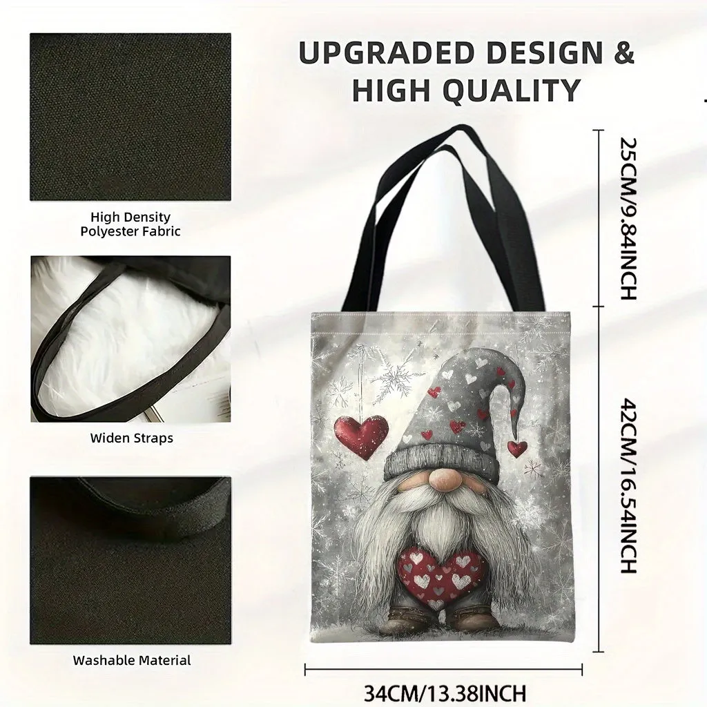 1pc Elegant Christmas Gnome Love Pattern Polyester Tote Bag, Unisex High-Quality Canvas Shoulder Bag with Fixed Straps, Ideal for Shopping & Holiday Gifts, Machine Washable