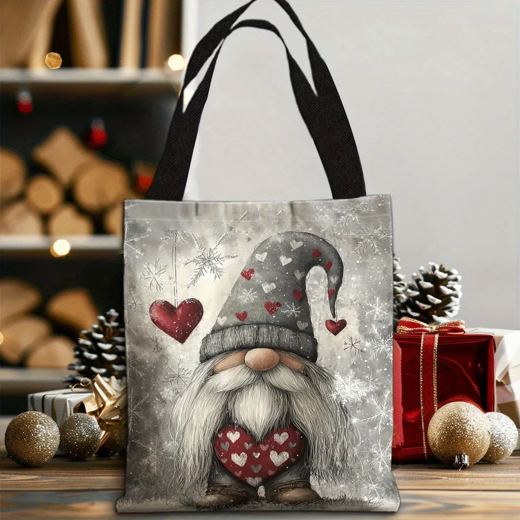 1pc Elegant Christmas Gnome Love Pattern Polyester Tote Bag, Unisex High-Quality Canvas Shoulder Bag with Fixed Straps, Ideal for Shopping & Holiday Gifts, Machine Washable