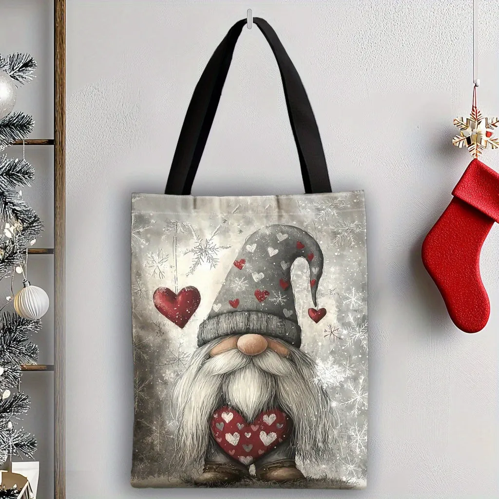 1pc Elegant Christmas Gnome Love Pattern Polyester Tote Bag, Unisex High-Quality Canvas Shoulder Bag with Fixed Straps, Ideal for Shopping & Holiday Gifts, Machine Washable