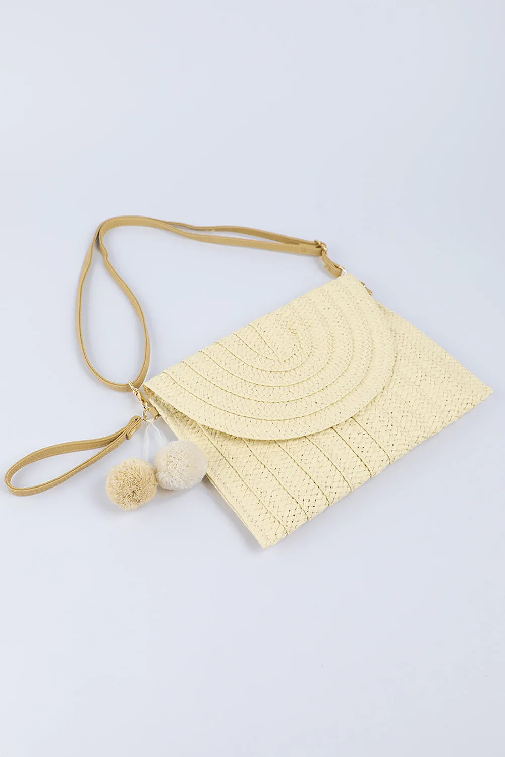 Beige Pom Pom Straw Woven Clutch / Shoulder Bag