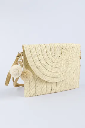 Beige Pom Pom Straw Woven Clutch / Shoulder Bag