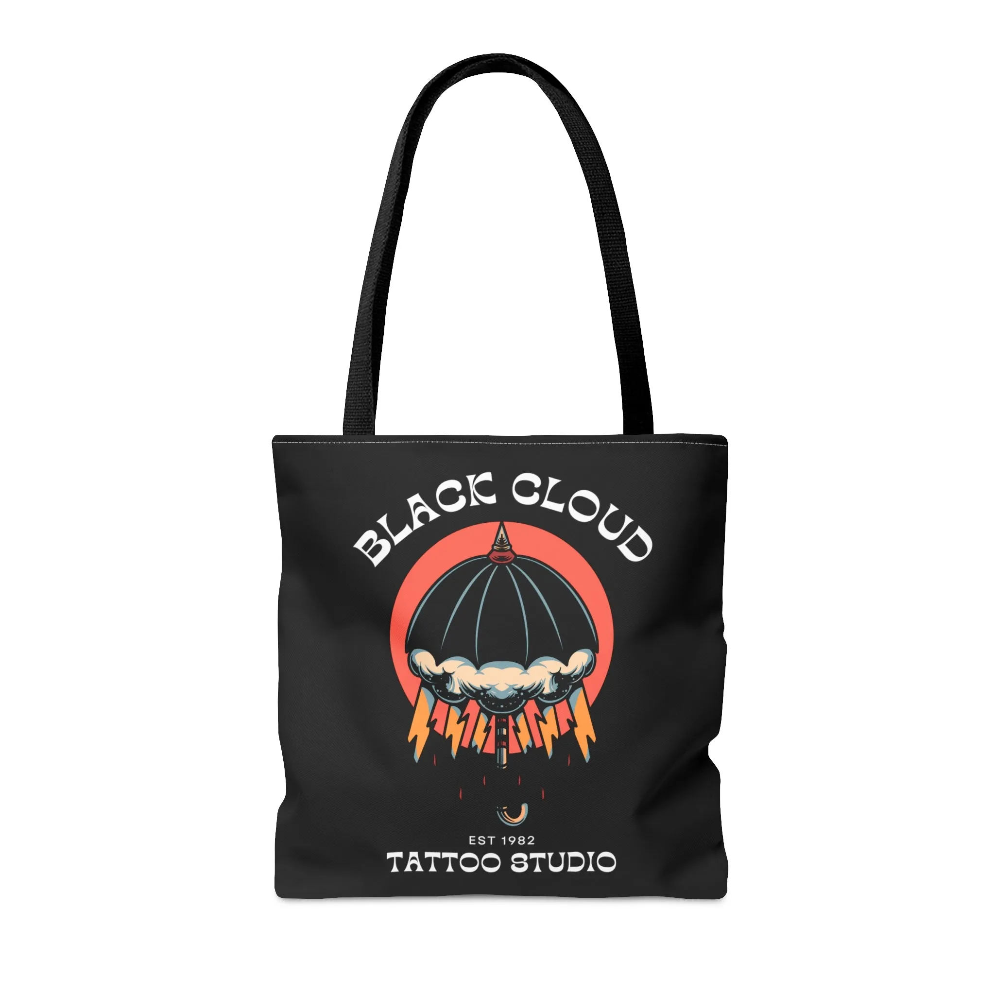 Black Cloud Umbrella Lightning Tattoo Tote Bag in Black / Vintage American Old School Traditional Tattoo Flash  / Punk Rock Beach Shopping