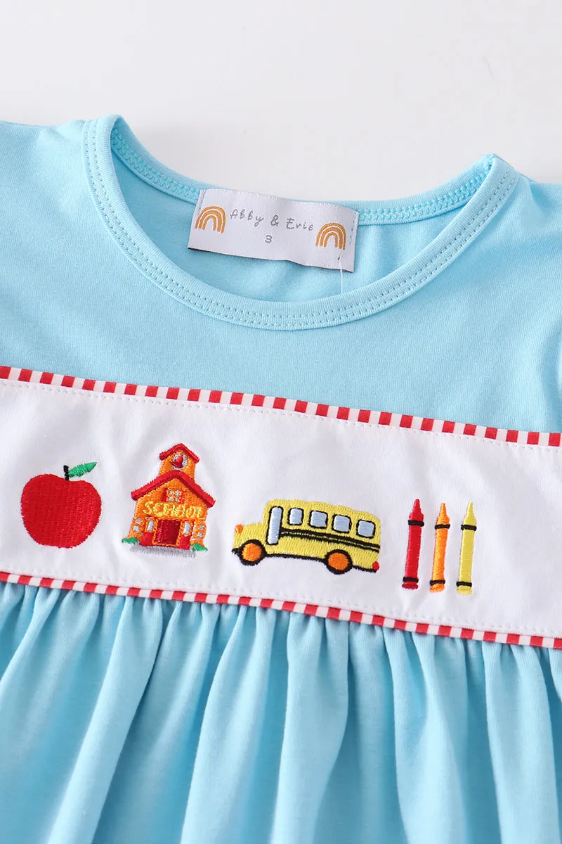 Blue back to school embroidery girl set