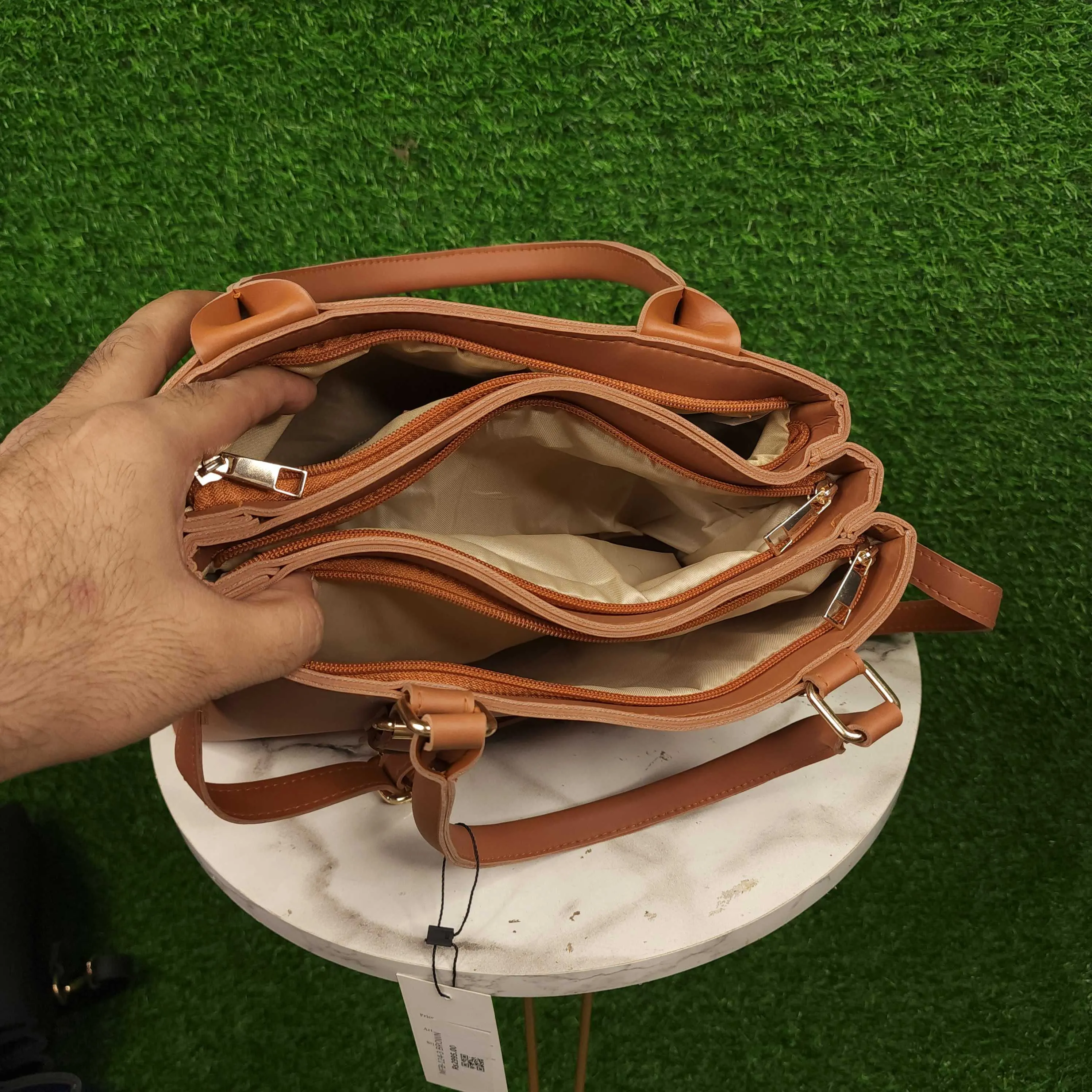 Camel Three Zip Handbags