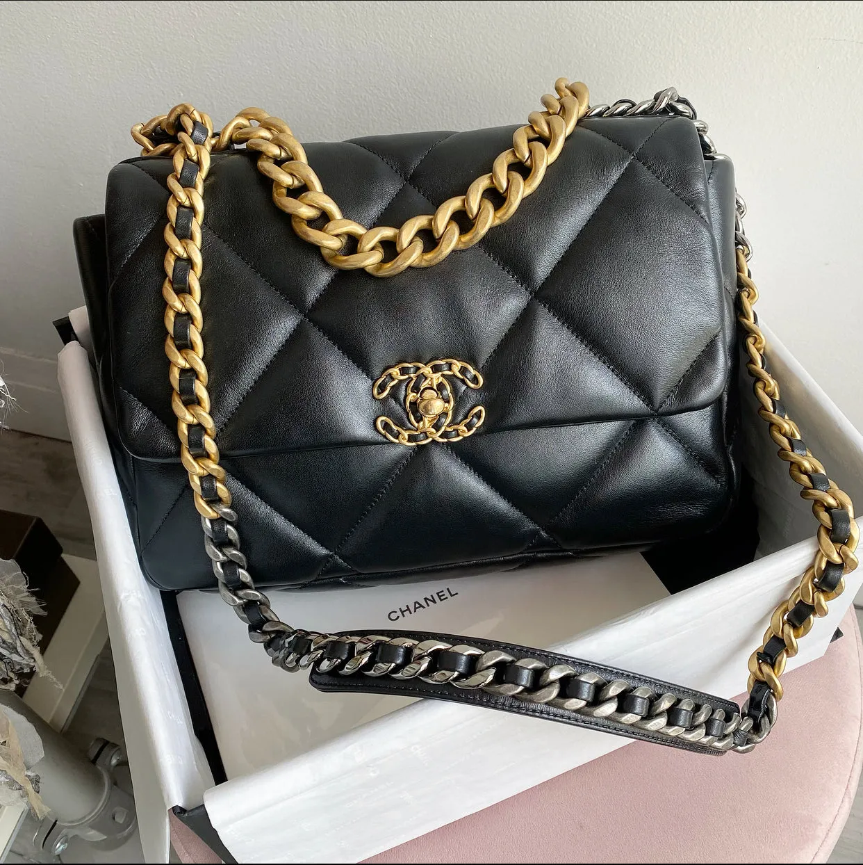 Chanel Black Quilted Leather 19 Chain Flap Bag