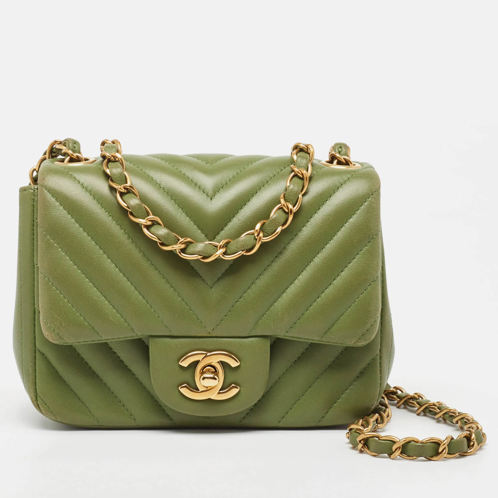 Chanel Olive Chevron Leather Mini Classic Flap Bag