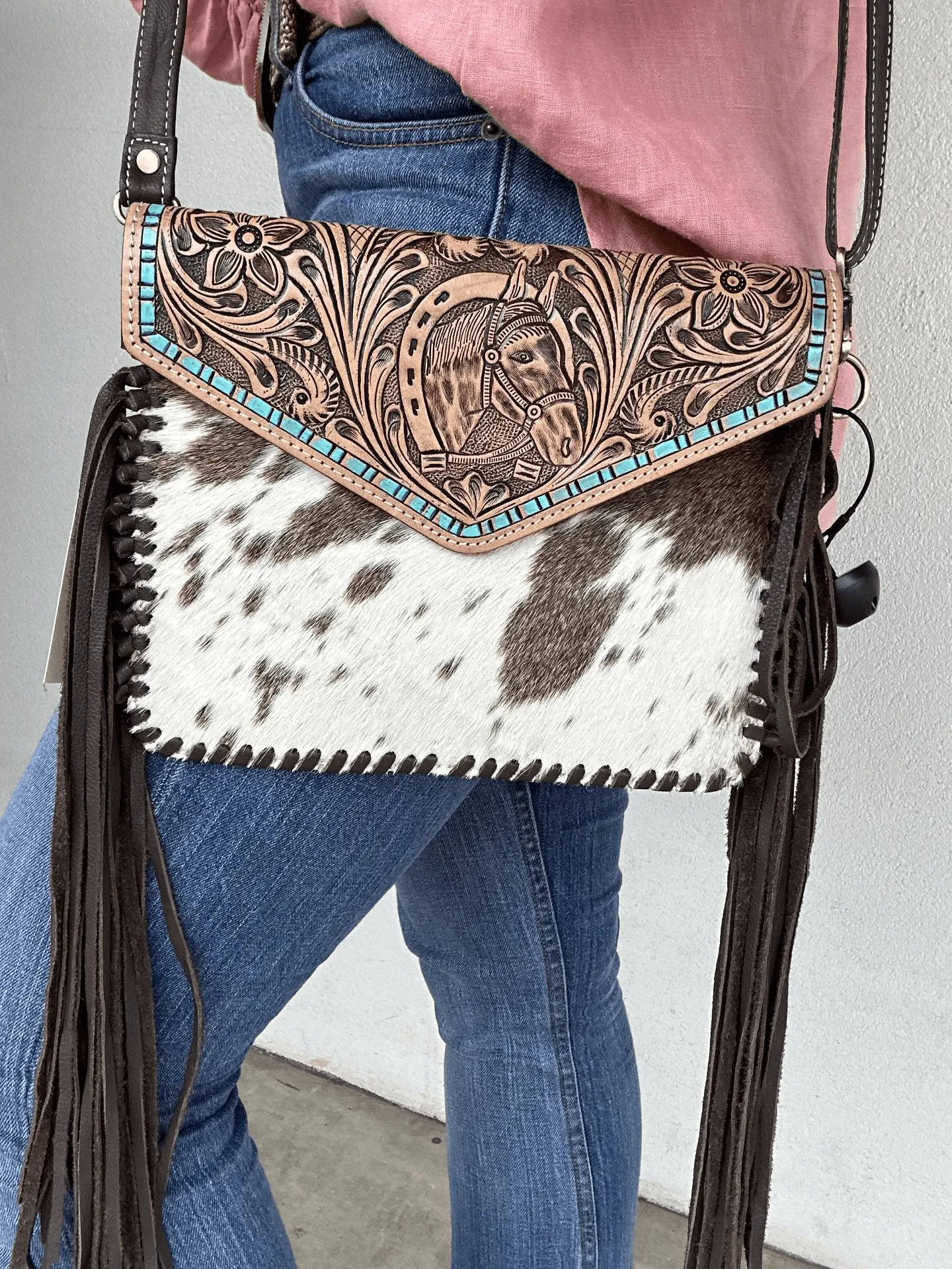 Cowhide Clutch with Tooling and Fringe