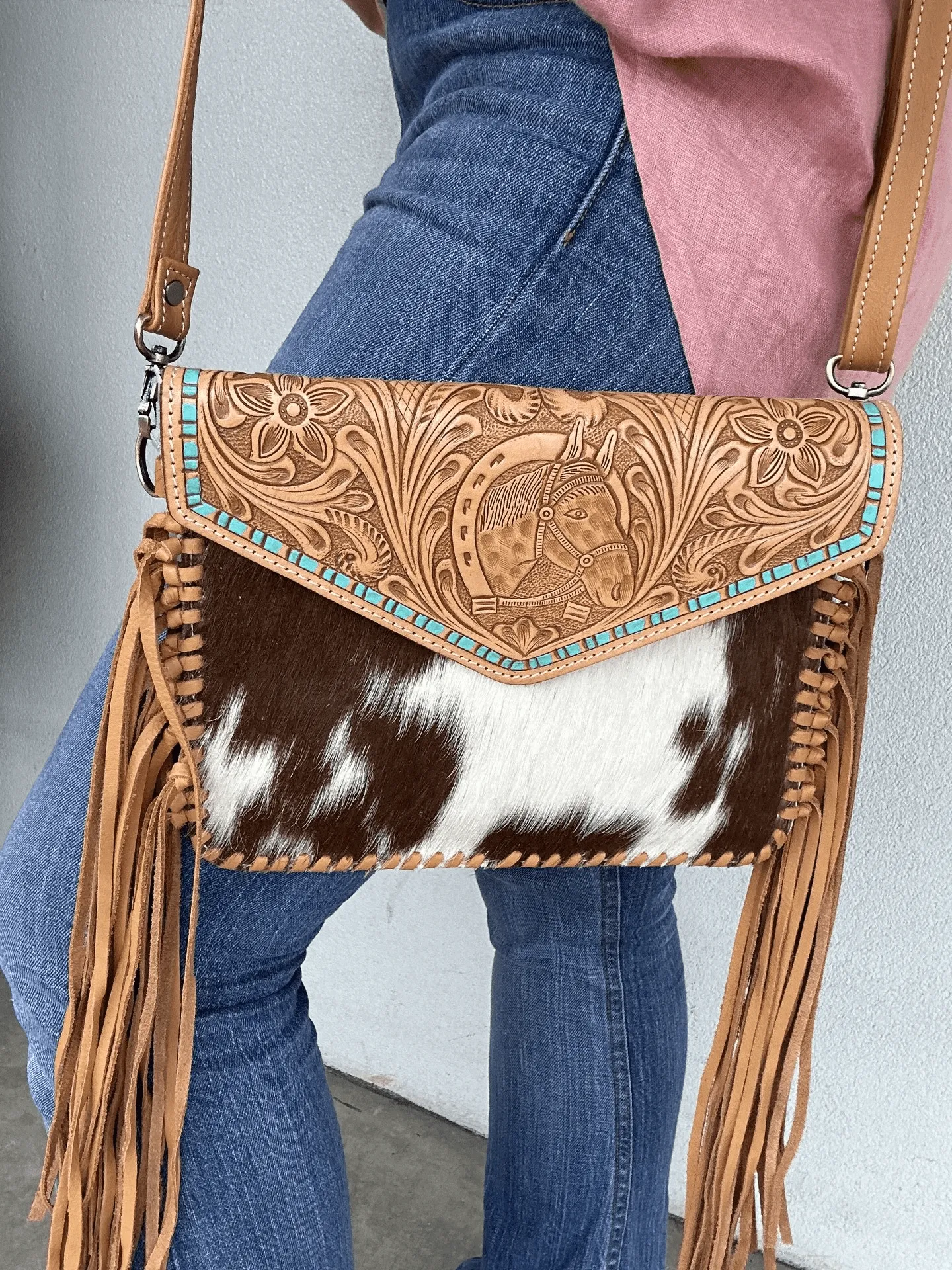 Cowhide Clutch with Tooling and Fringe