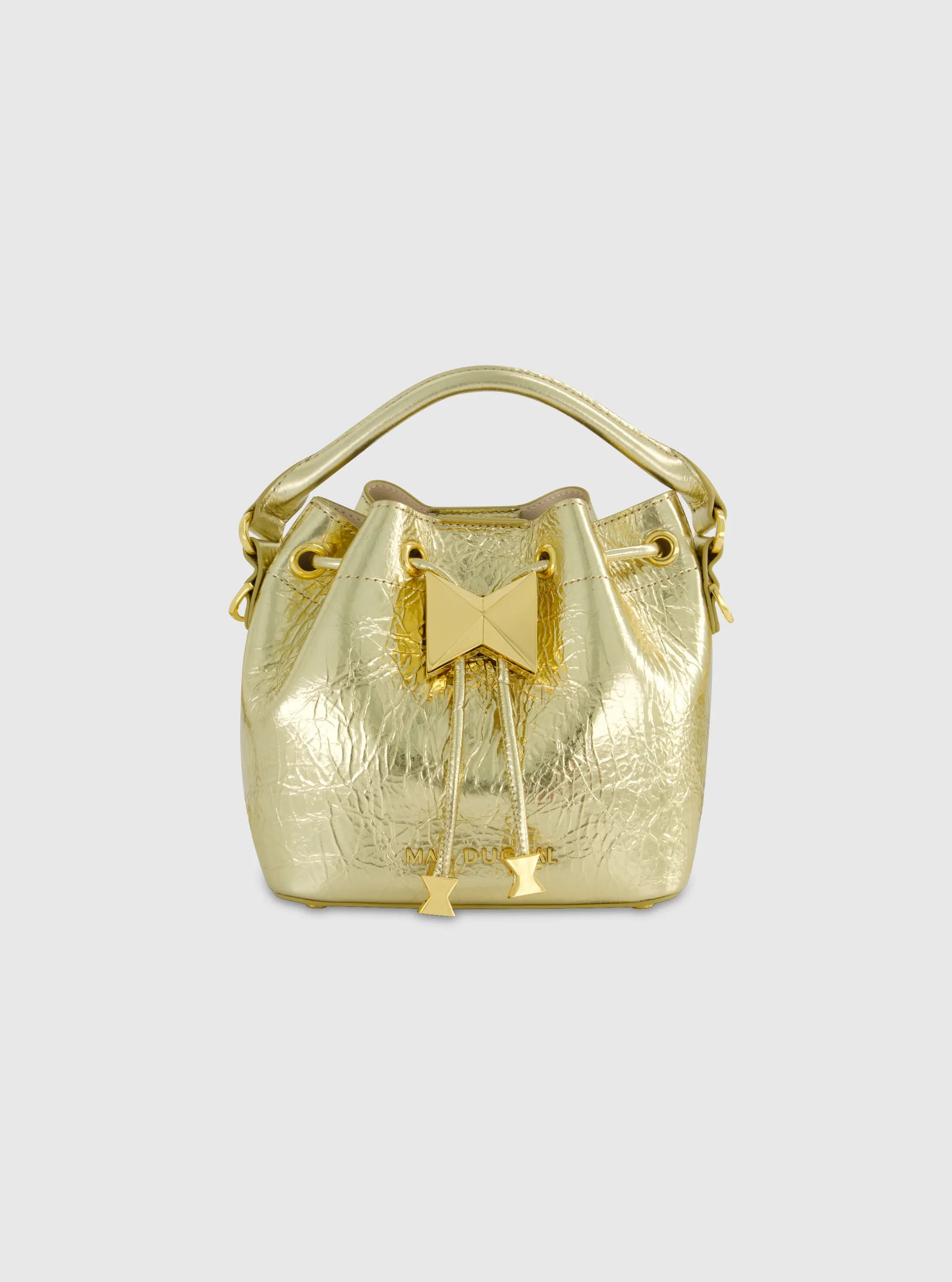 Crinkle Metallic Gold Leather Mini Bucket Bag with Detachable Strap