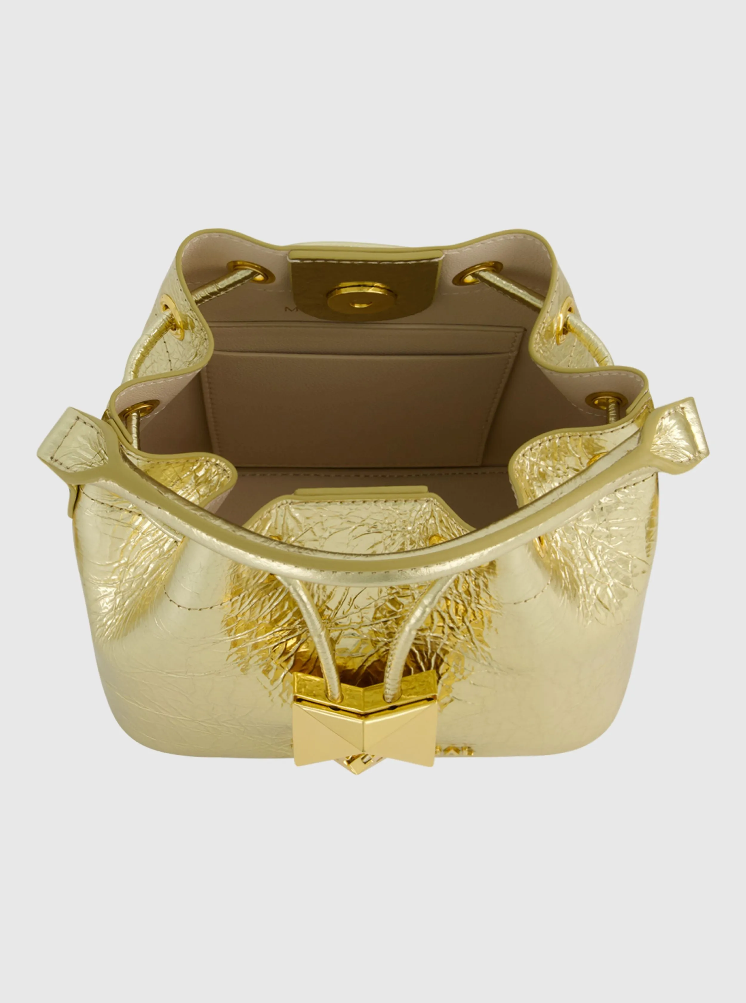 Crinkle Metallic Gold Leather Mini Bucket Bag with Detachable Strap