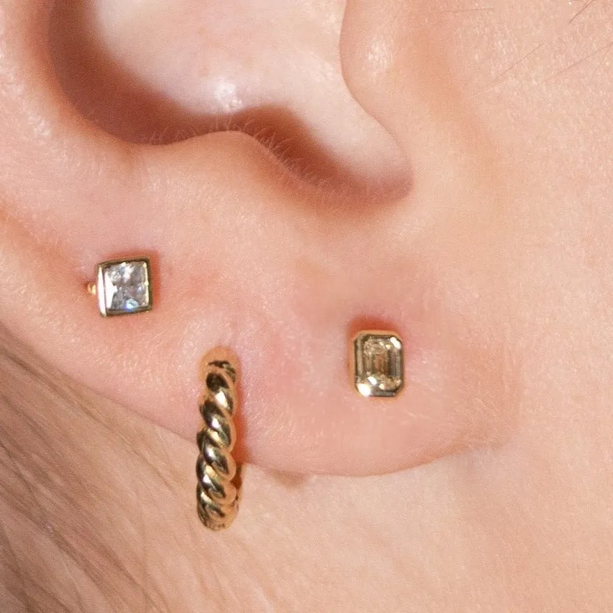 Emerald Cut Diamond Bezel Set - Flat Back Stud Earring