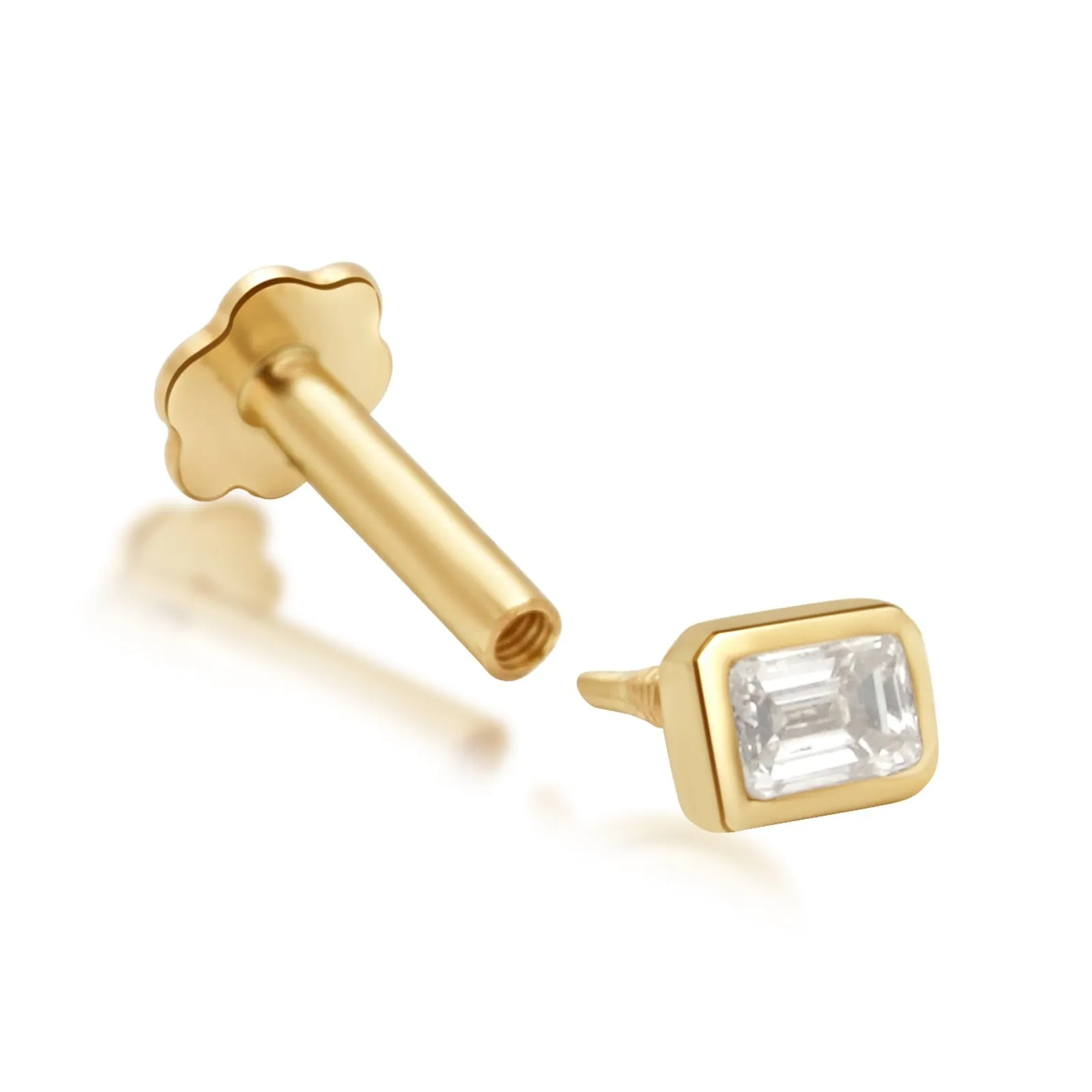 Emerald Cut Diamond Bezel Set - Flat Back Stud Earring