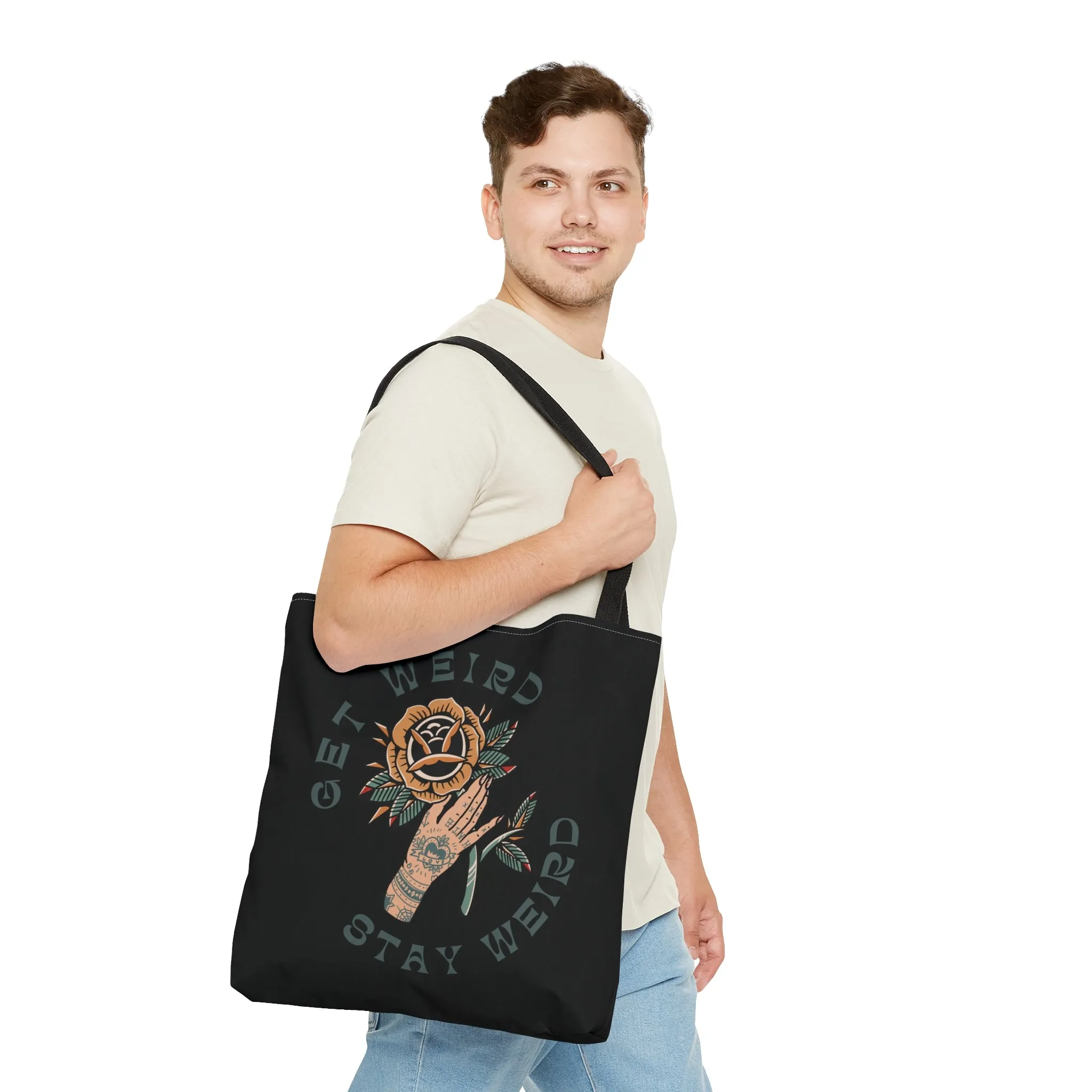 Get Weird Stay Weird Tattoo Tote Bag in Black / Vintage American Old School Traditional Tattoo Flash  / Punk Rock Beach Shopping