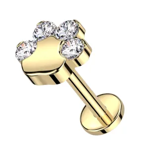 Gold PVD Paw Print Clear CZ Titanium Internally Threaded Labret