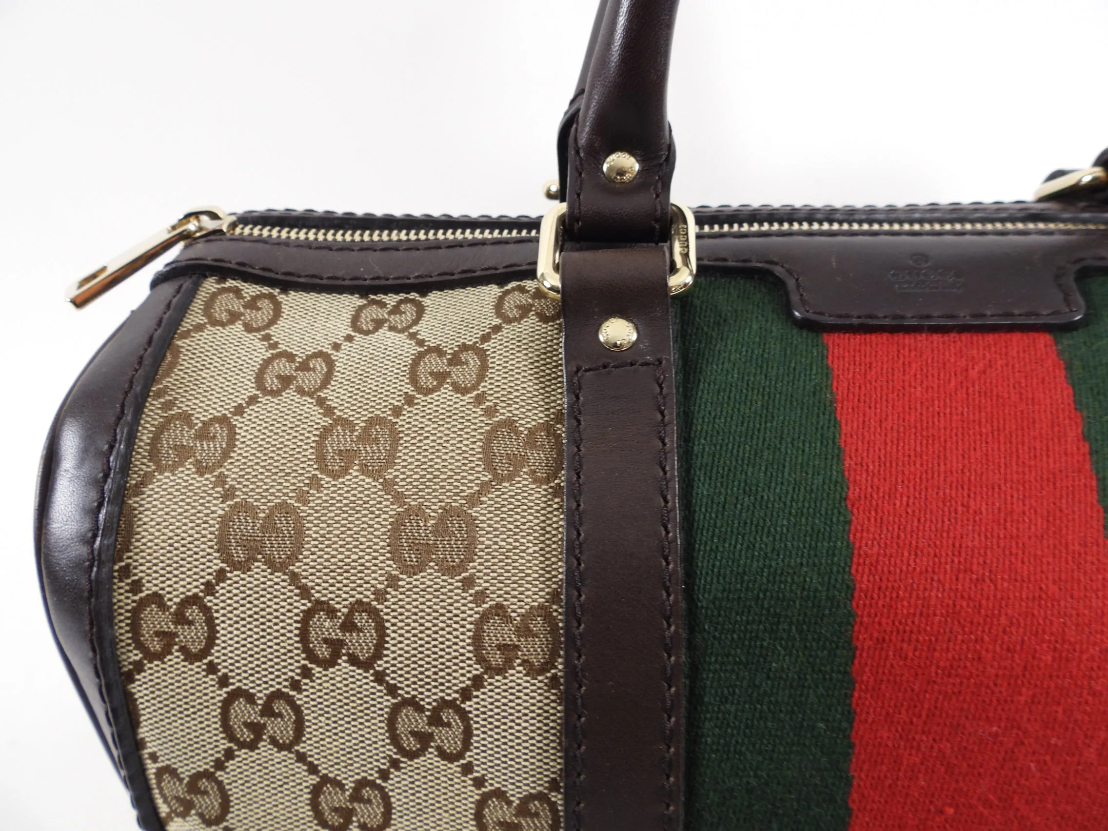 Gucci Brown Monogram Canvas Web Boston Bag