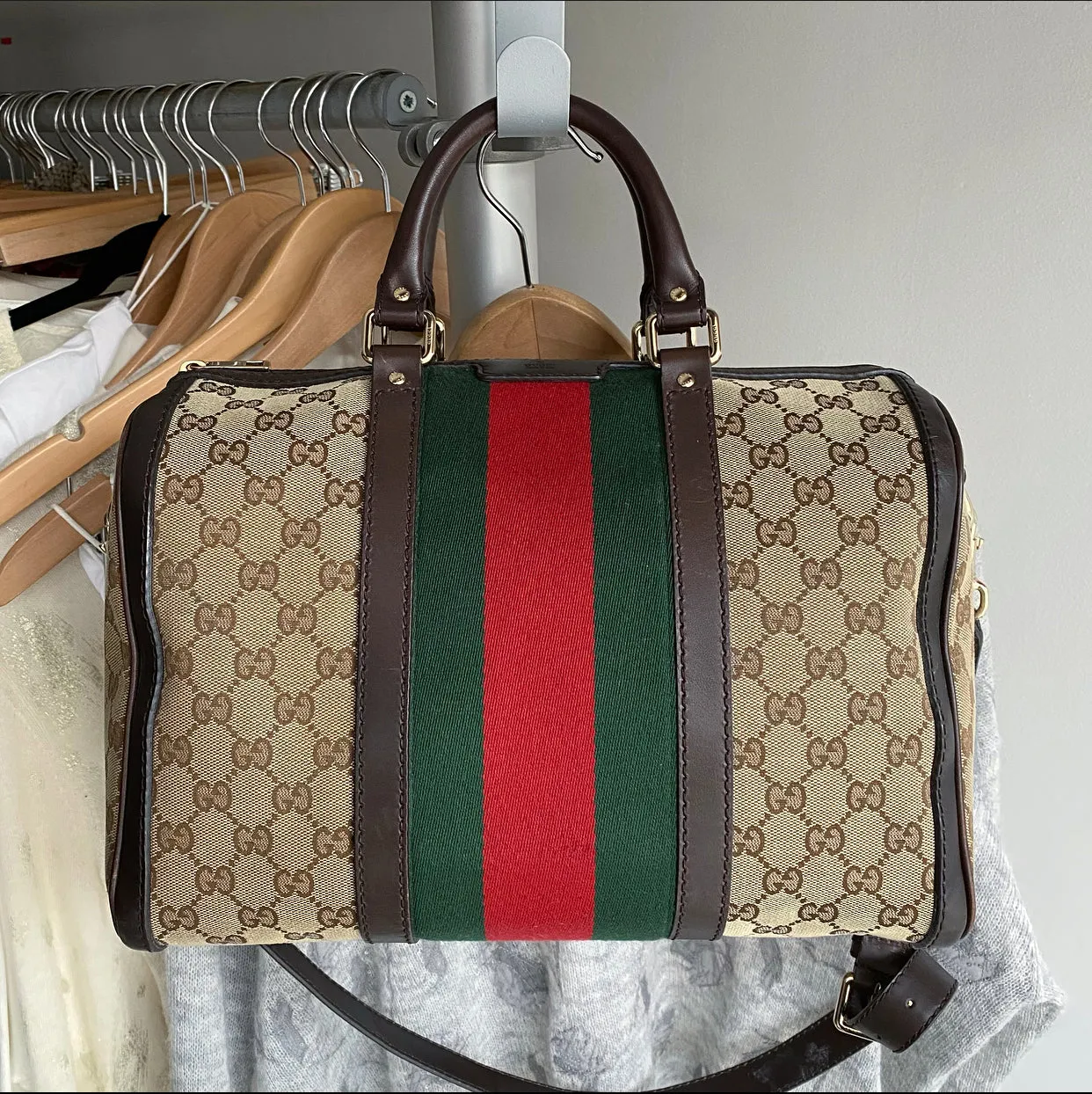 Gucci Brown Monogram Canvas Web Boston Bag