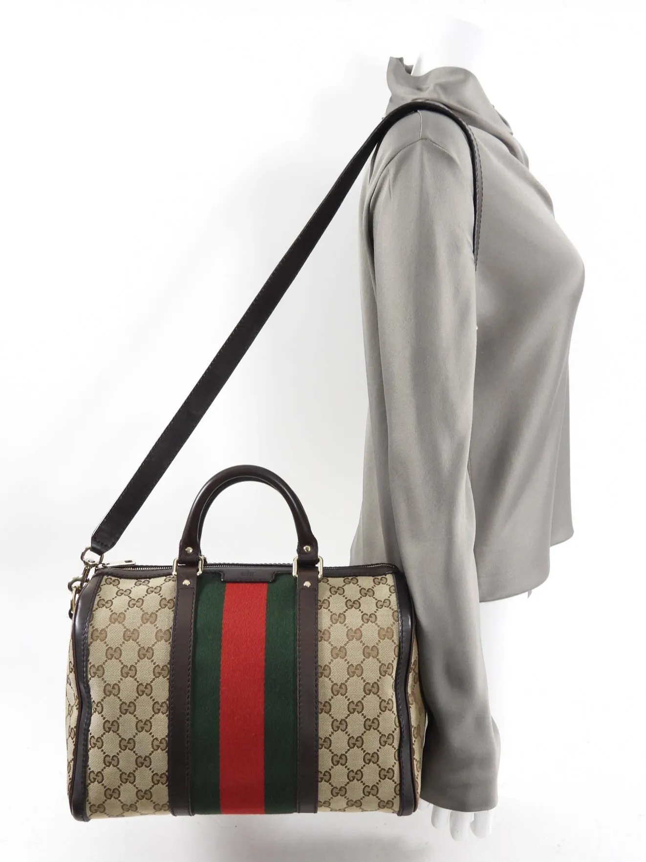 Gucci Brown Monogram Canvas Web Boston Bag