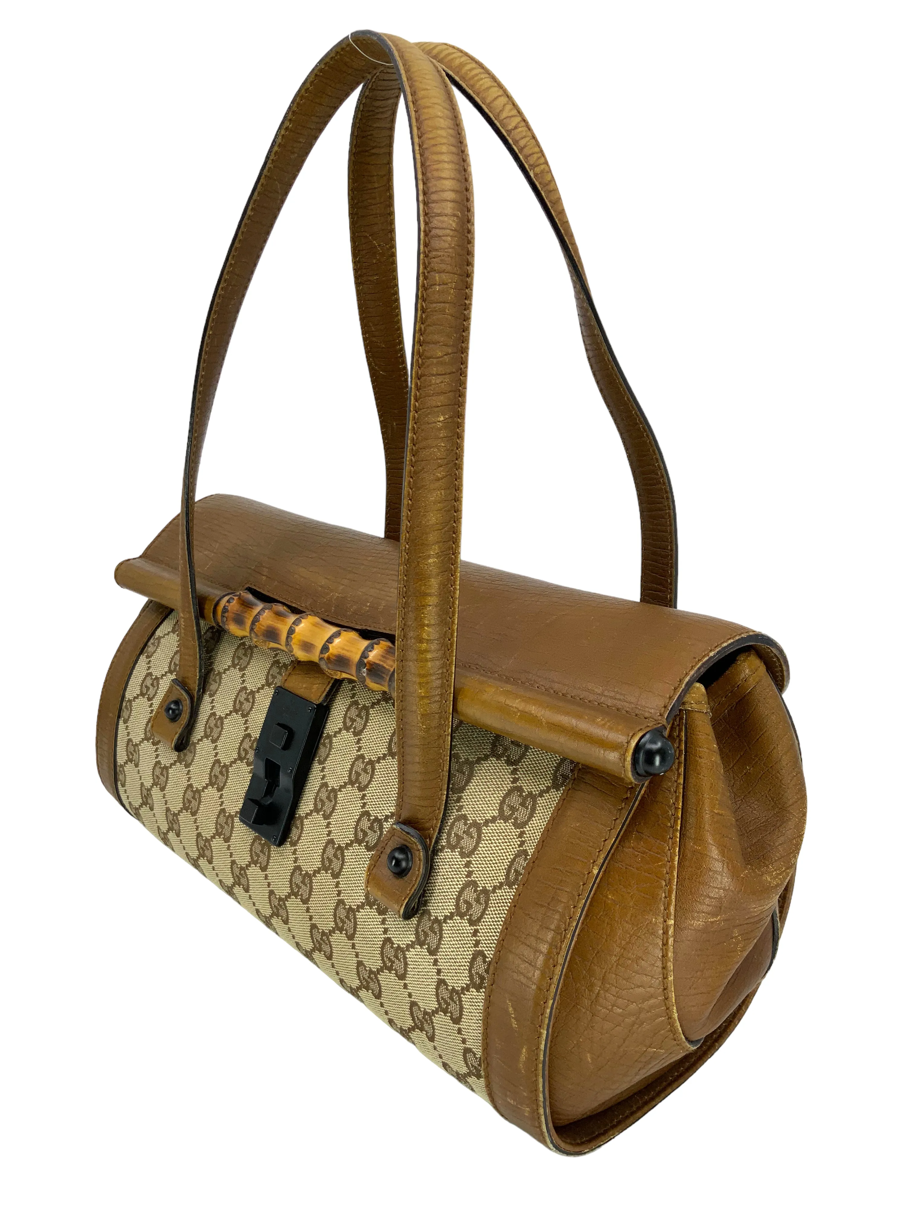 Gucci Monogram GG Canvas Leather Bamboo Bullet Bag