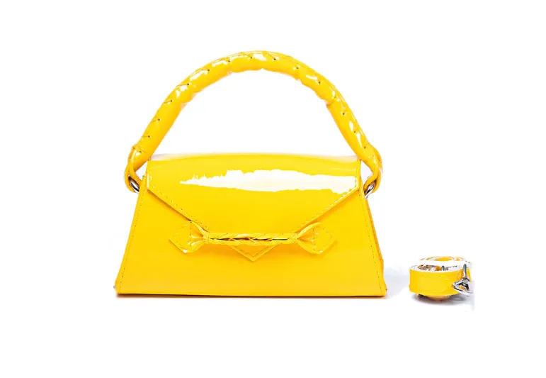 MARTE EGELE YELLOW PATENT ESE PLUS Handwoven Top Handle, magnetic closure, and Inside Pocket Handbag