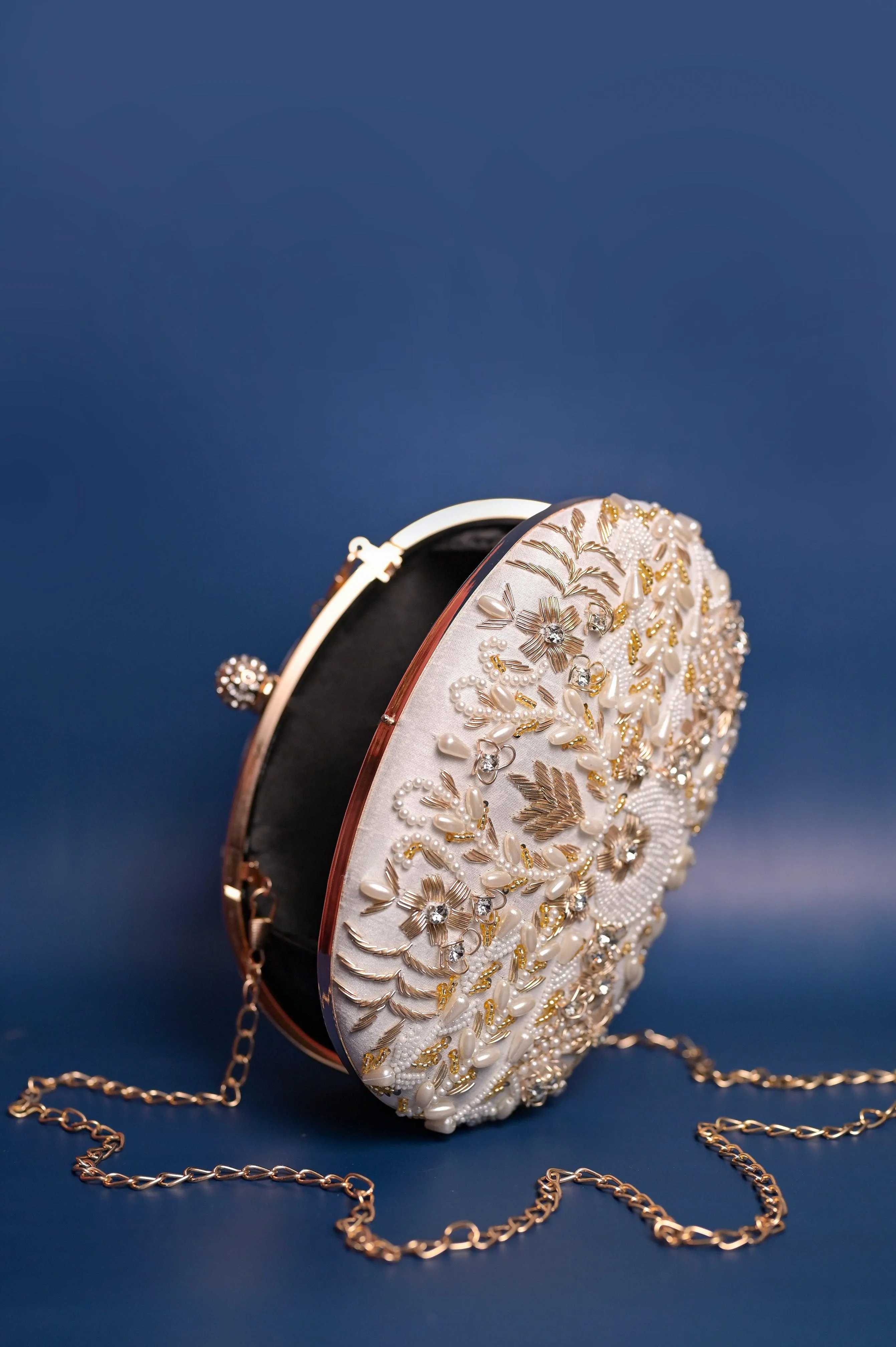 Paper White Color Designer Clutch Bag with Zari & Pearl Bead Embroidery