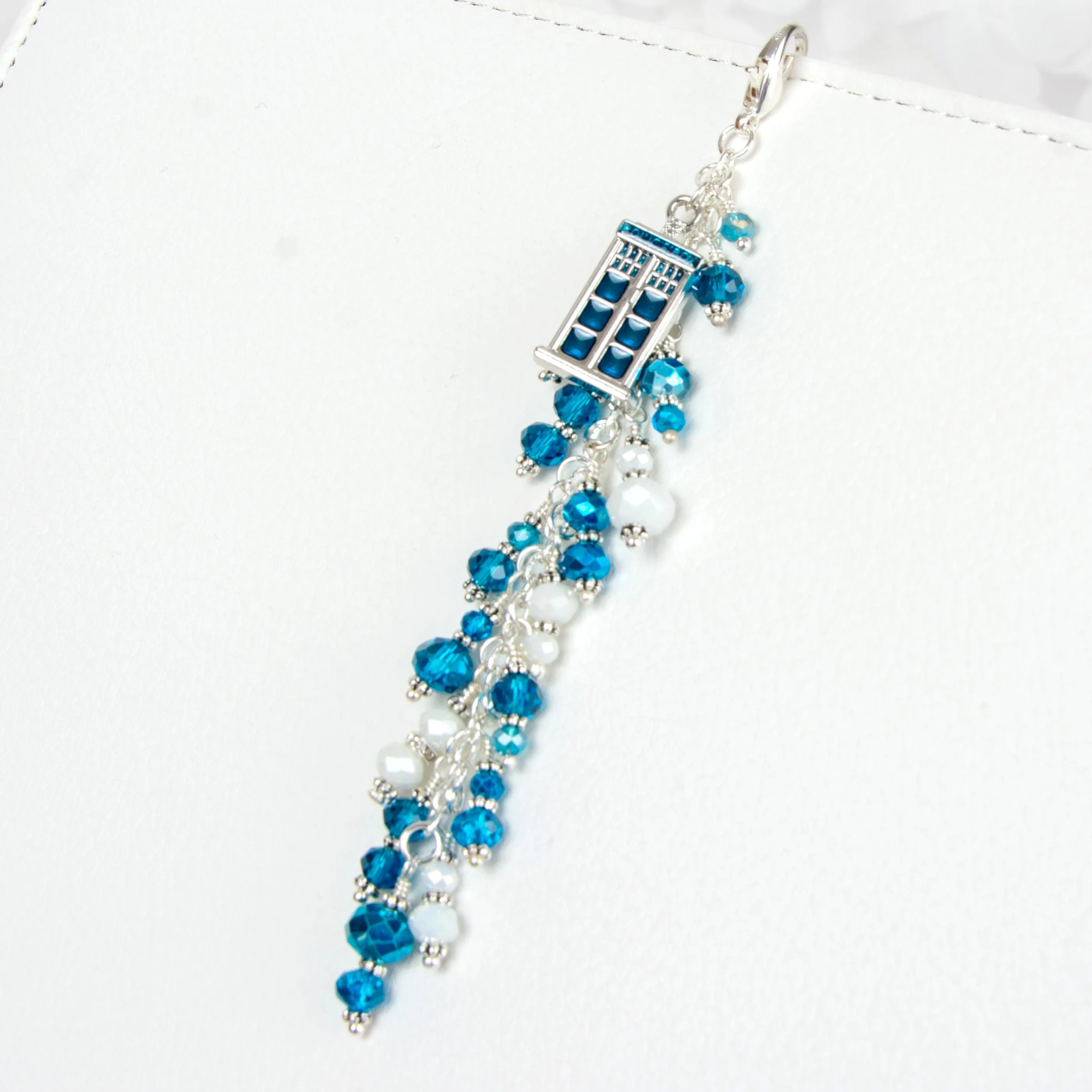 Police Box Planner Charm with Blue and White Crystal Dangle