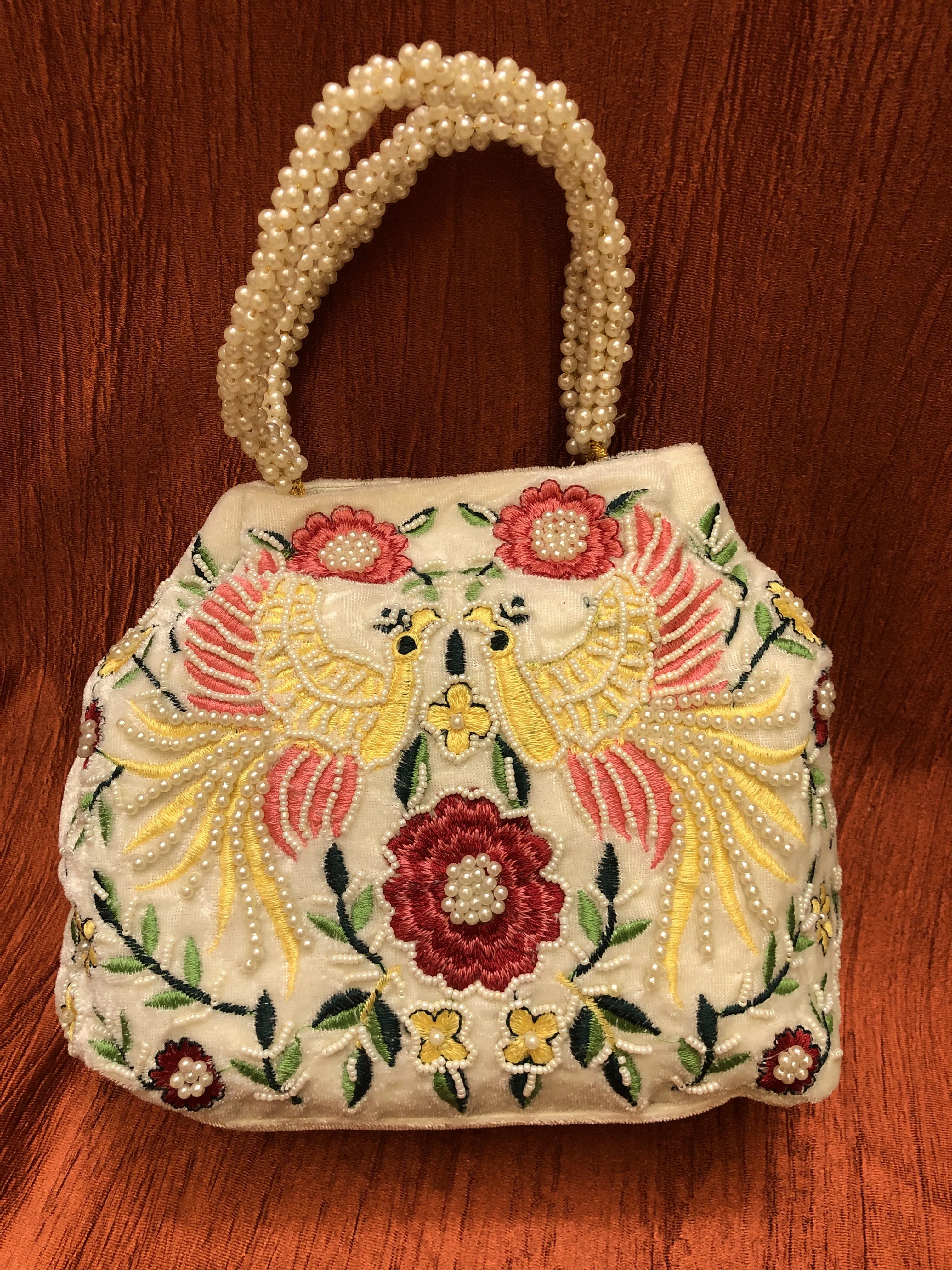 Pure Offwhite Color Clutch Bag with Parsi Embroidery & Pearl Work