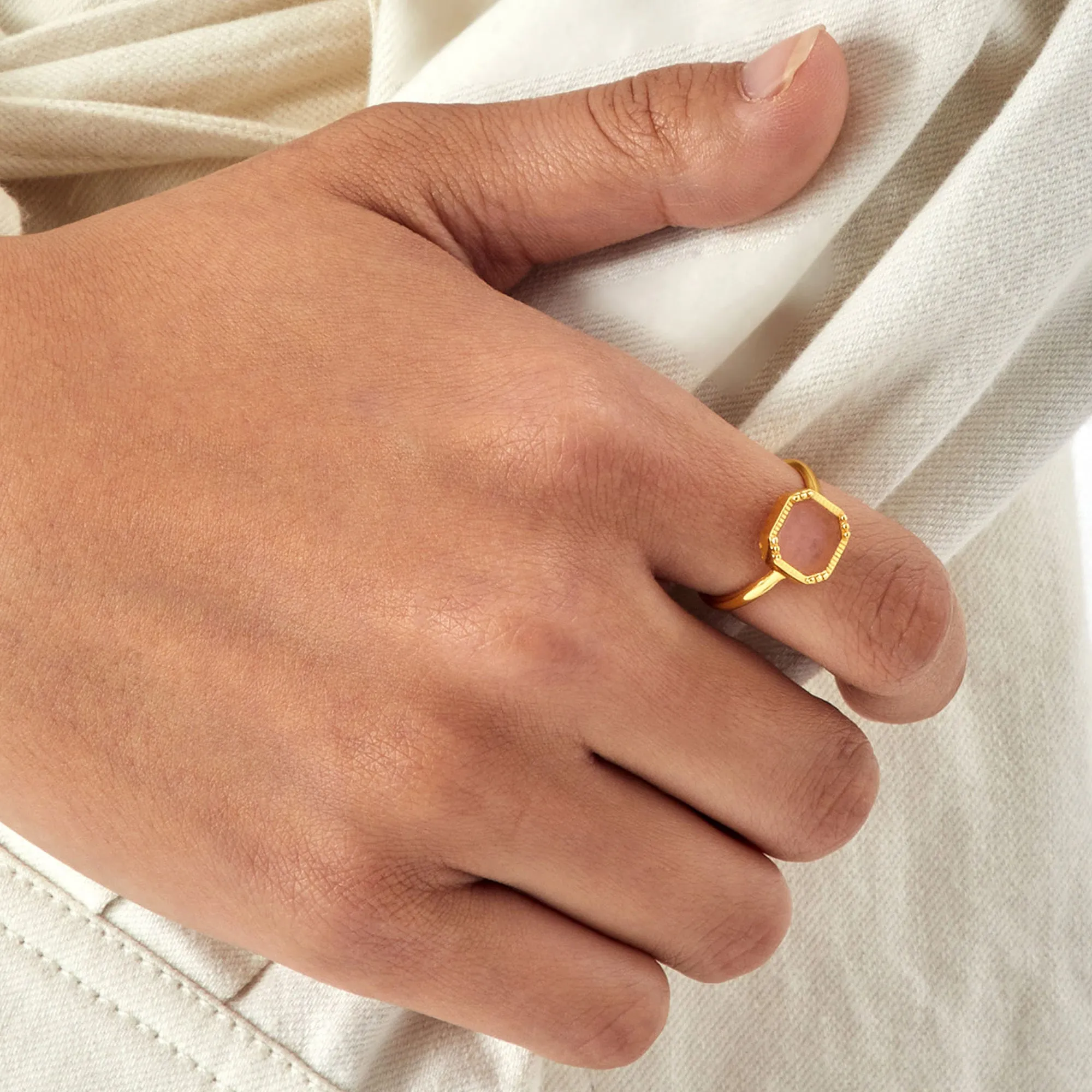 Real Gold Plated Z Hing Stone Square Slice Rose Quartz Ring For Women By Accessorize London-Large