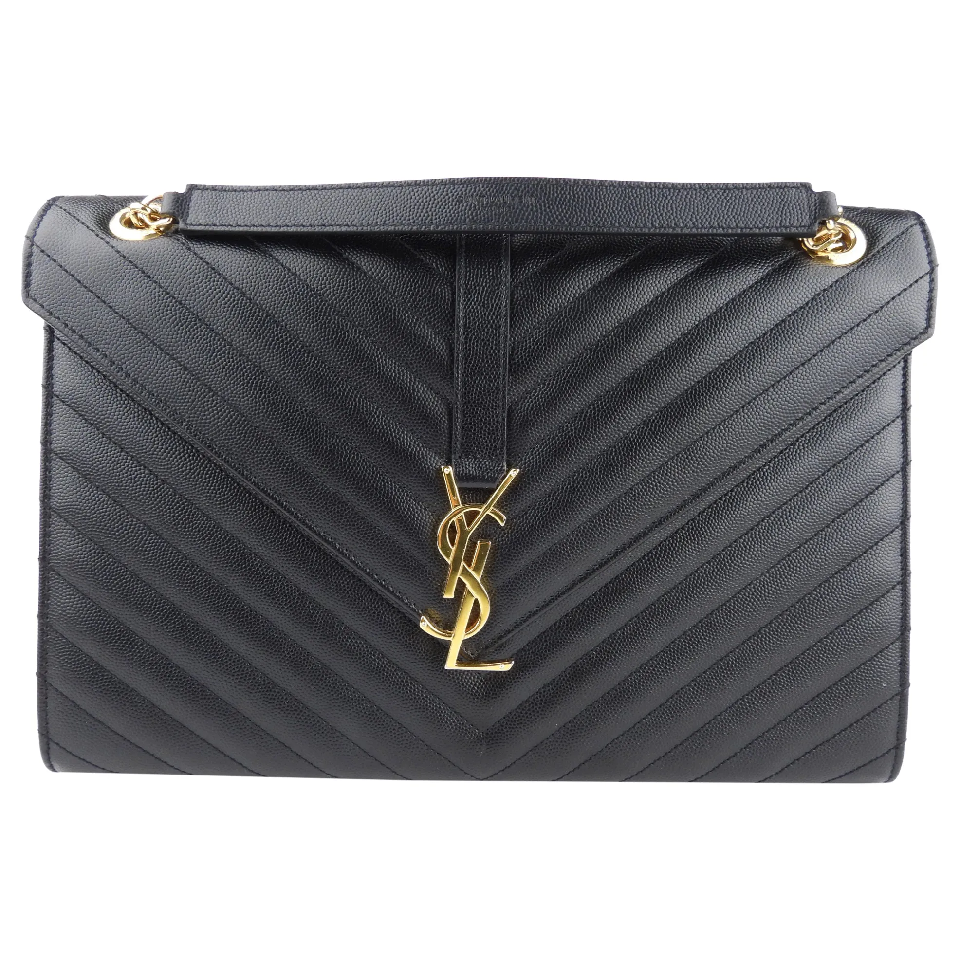 Saint Laurent Black Chevron Leather Large Envelope Flap Bag