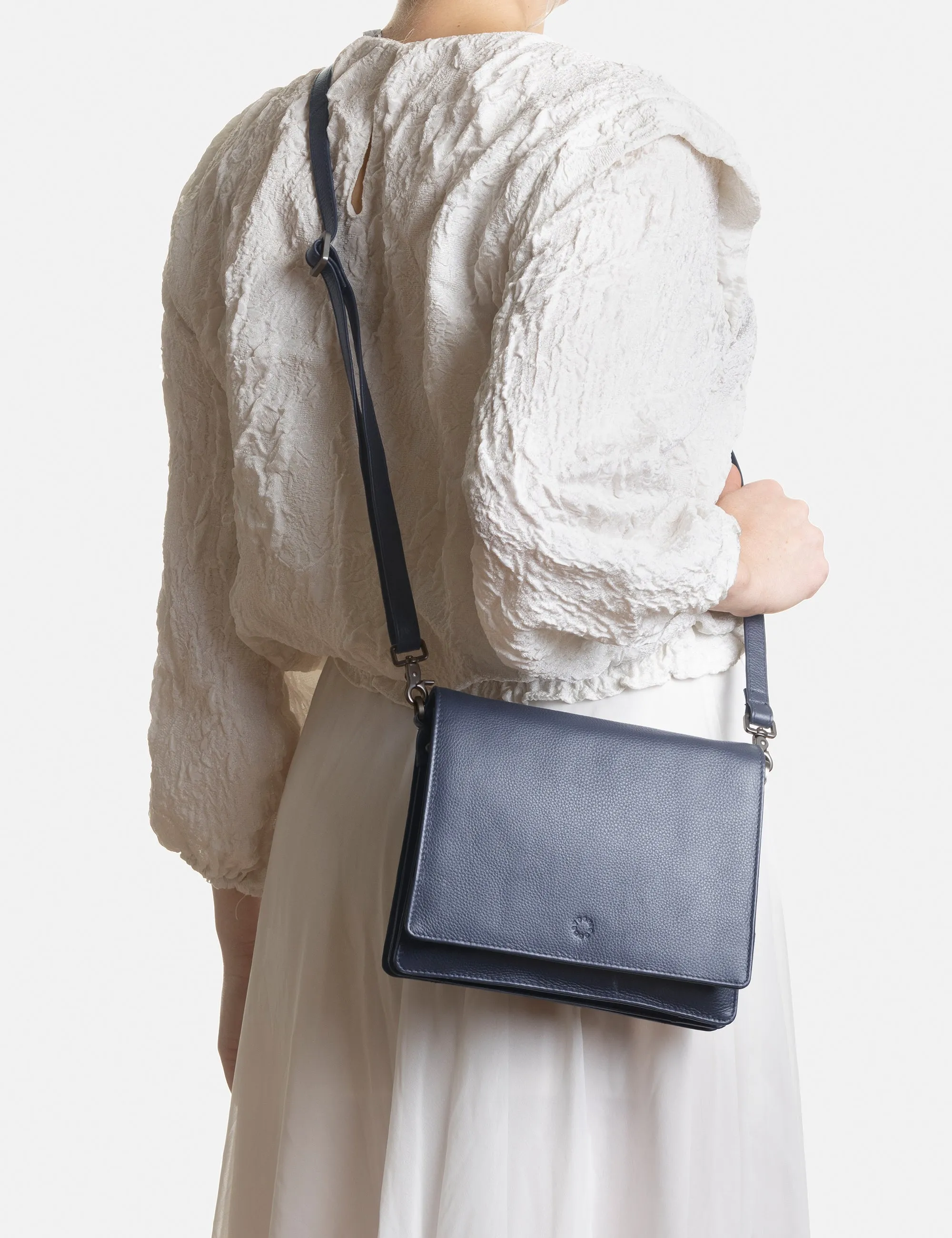 Stanton Navy Leather Flap Over Cross Body Bag