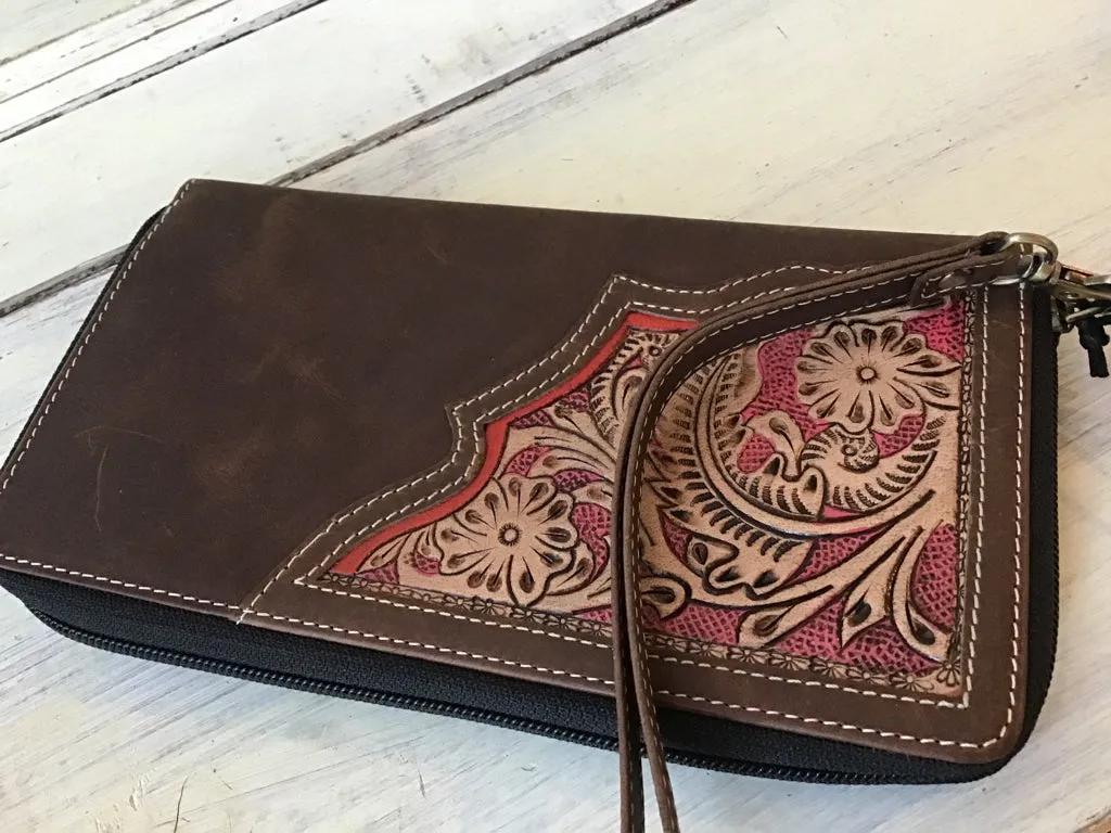 Tooled Zip Around Wallet Wristlet