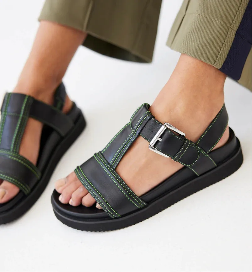 Visby T-Bar Sandal | Black leather with Green Topstitch