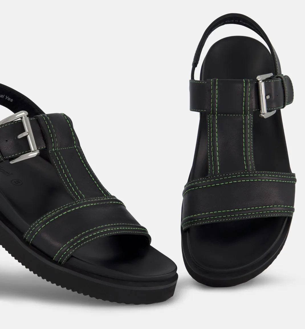 Visby T-Bar Sandal | Black leather with Green Topstitch