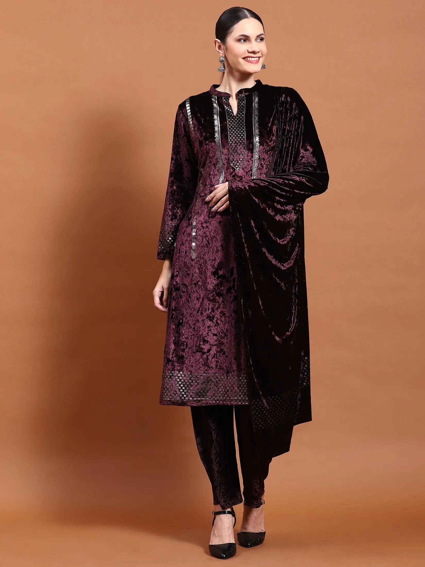 Winter Women Burgundy Velvet Kurta Bottom Dupatta