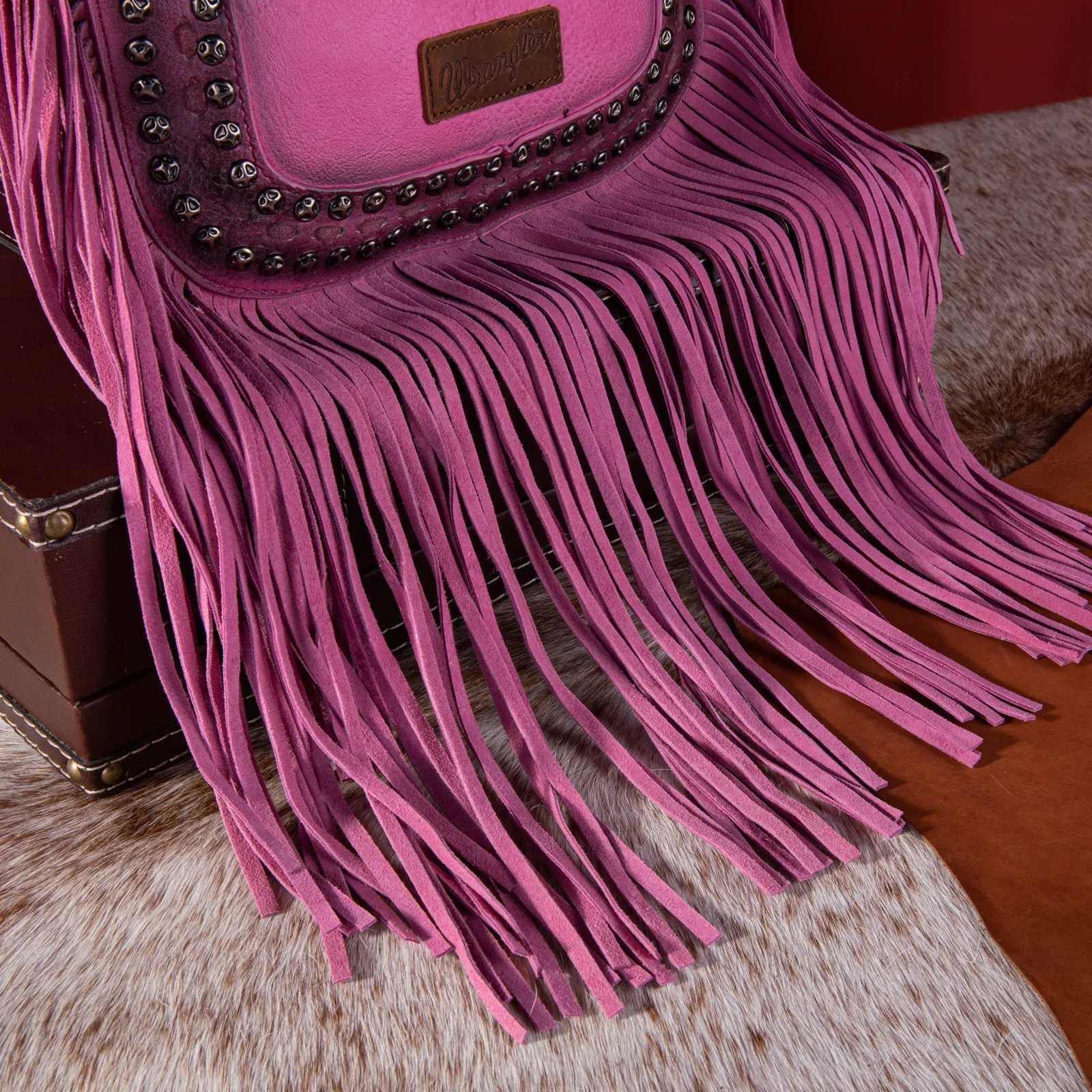 Wrangler Rivets Fringe Concealed Carry Crossbody -Hot Pink