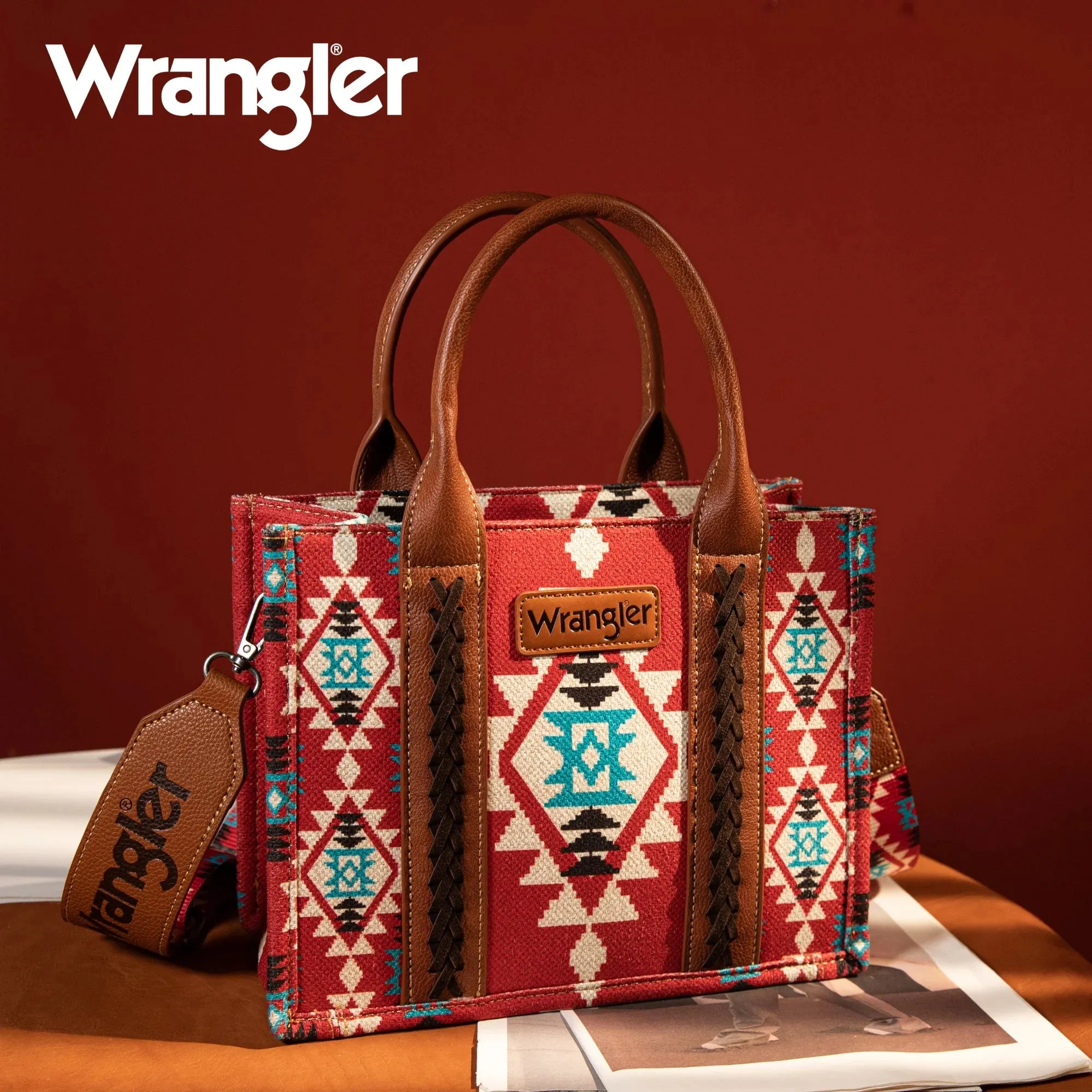 Wrangler Southwestern Small Canvas Crossbody Tote | Burgundy